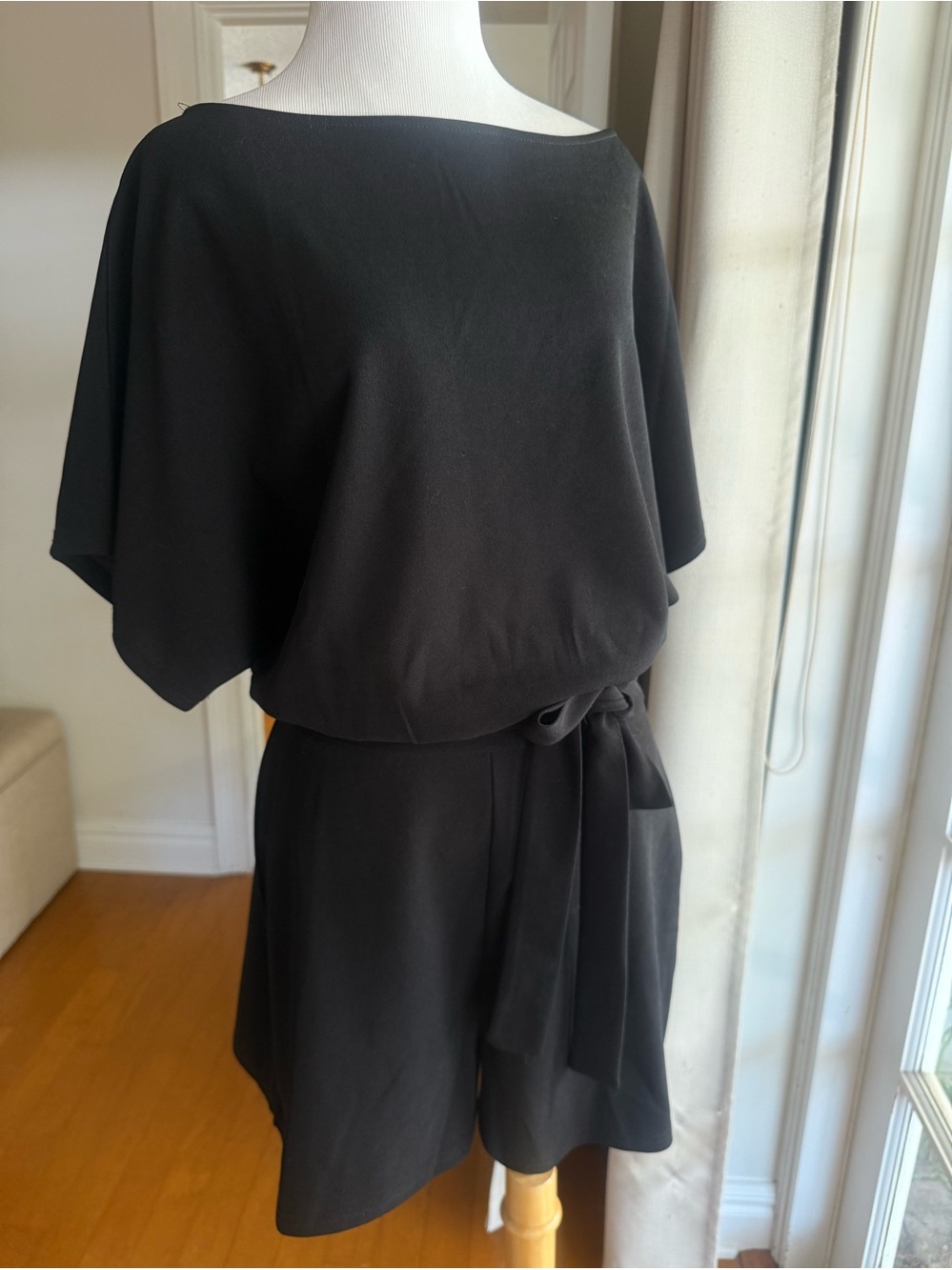 Super cute Amazon Black Short-Sleeve Belted Romper with pretty boat neck!